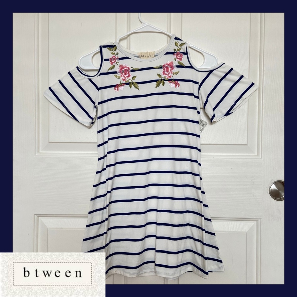 Btween - Navy Blue And White Stripped Dress With Embroidered Roses